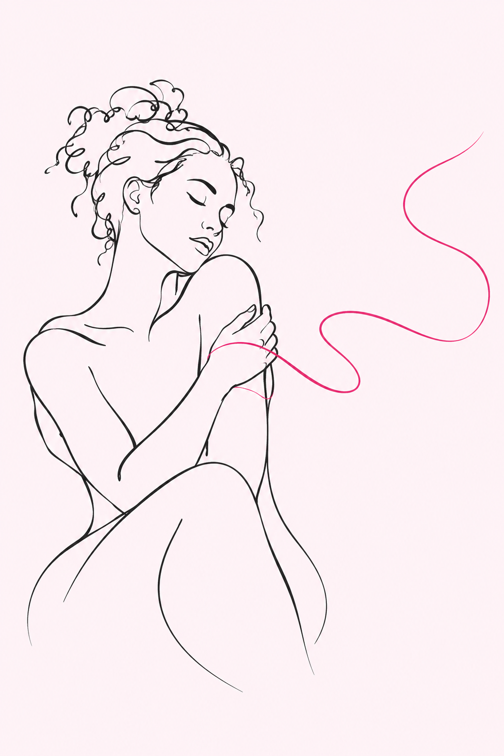Expressive continuous-line drawing of a woman embracing herself, with a rose-colored line flowing freely from her hands.